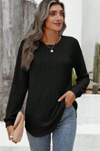 Black Ribbed Texture Round Neck Long Sleeve Rounded Hem Knit Top