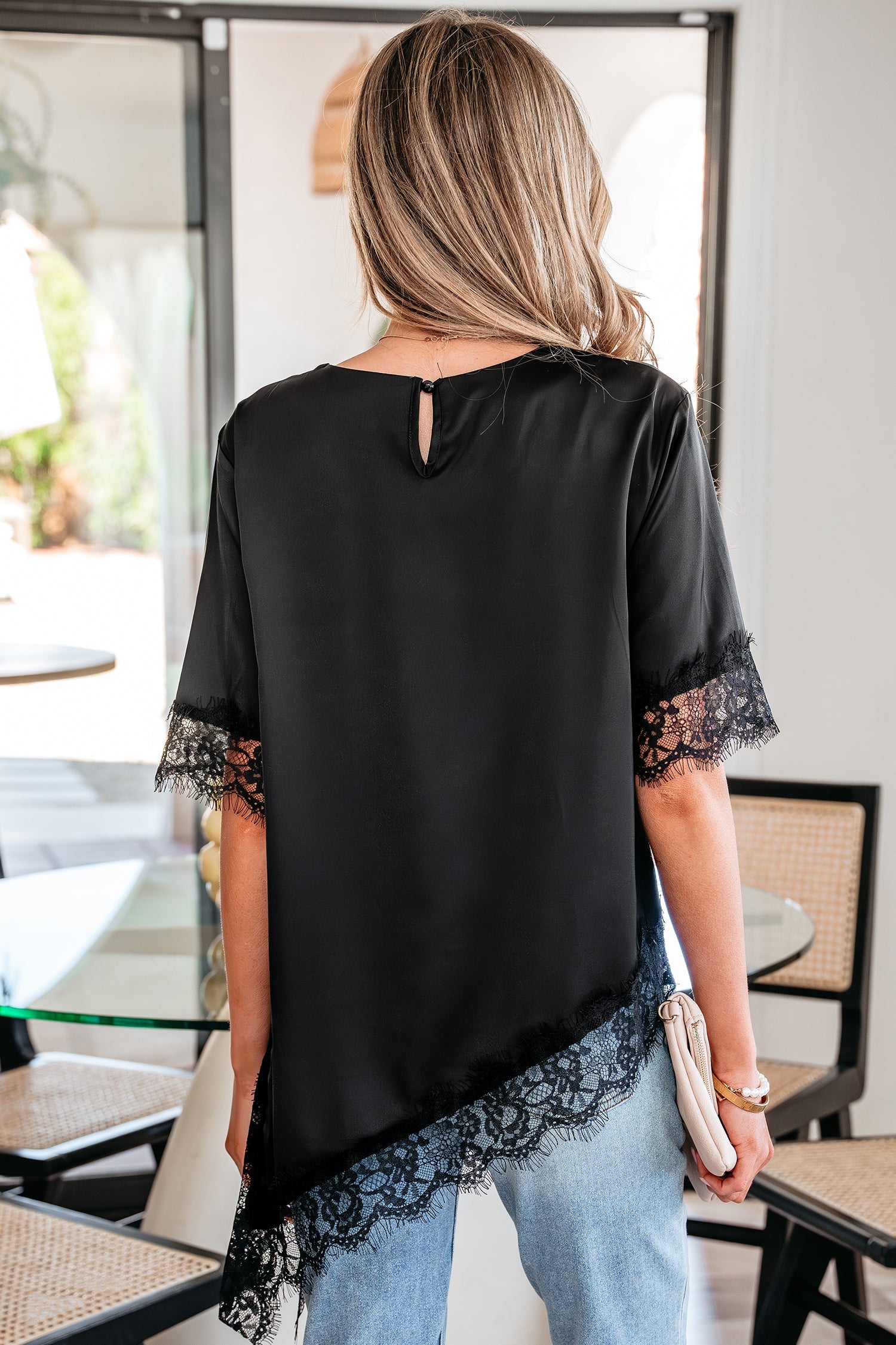 Black Asymmetric Lace Trim Short Sleeve Satin Top