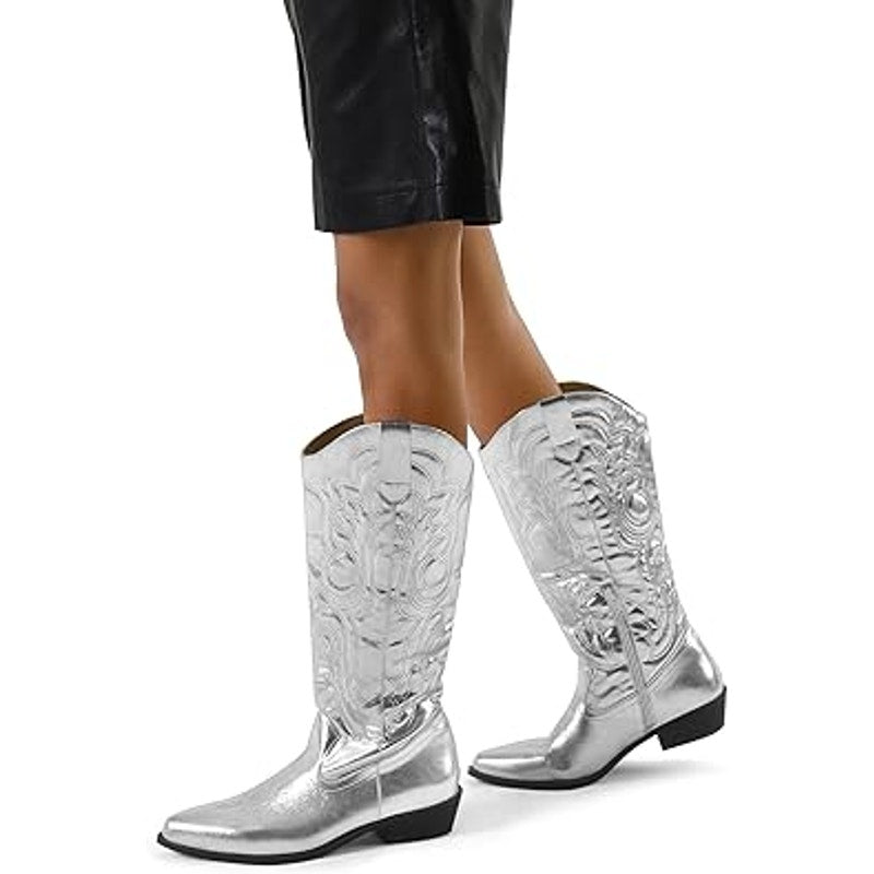 Mysoft Womens Size 10 Shiny Silver Faux Leather 1.5" Heel Western Cowboy Boots