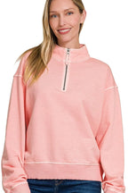 Zenana F/terry Pigment Dye & Enzyme Washing Half Zip Top