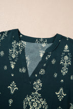 Blue Boho Floral Print Lettuce Trim 3/4 Sleeve Mini Dress