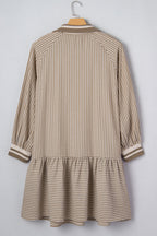 Khaki Stripe Zip up Collared Puff Sleeve Ruffled Plus Size Mini Dress