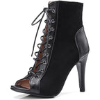 Roimaash Womens Size 9.5 Black Faux Suede Lace Up Peep Toe 4" Heel Boot Shoes