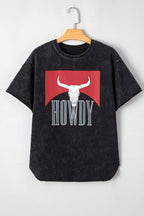 Black Western HOWDY Steer Head Print Side Slits Loose Fit T Shirt
