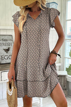 Simply Taupe Bohemian Print V-Neck Flutter Sleeve Ruffle Mini Dress