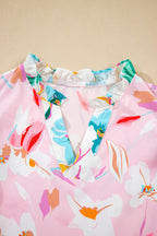 Multicolour Contrast Floral Patchwork Notched Neck Flutter Sleeve Blouse