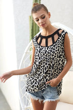 BiBi Leopard Printed Soft Rib Knit Front Sut Out Top