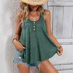 Women's Solid Color Round Neck Sleeveless Casual Button-up Top