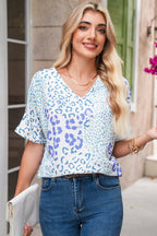 Green Leopard Print V Neck Short Sleeve Blouse