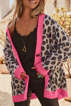 Khaki Oversize Color Block Trim Button Down Leopard Print Cardigan