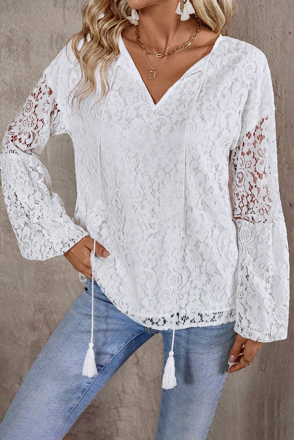 White Cutout Lace Elegant Tie V-neck Blouse