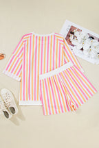 Pink Stripe Drop Shoulder Half Sleeve Loose Tee and Shorts Casual Set