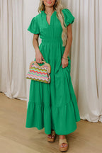 Bright Green Solid Color V Neck Short Puff Sleeve High Waist Tiered Maxi Dress