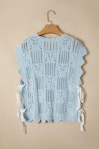 Mint Green Pointelle Knit Patterned Scalloped Trim Short Sleeve Sweater