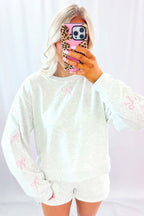 Sachet Pink Bow Embroidery Long Sleeve Pullover and High Waist Shorts Set