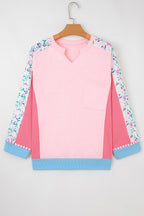 White Floral Colorblock Patchwork Notched Neck Long Sleeve Top