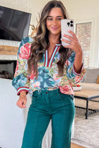 Sky Blue Contrast Trim V Neck Cuffed Bracelet Sleeve Floral Blouse