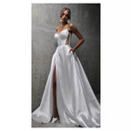 White Satin Slit Pocket Bandage Wedding Dress