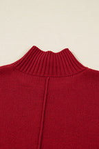Chestnut Ribbed High Neck Front Pockets Center Seam Shift Sweater Dress