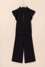Pink Textured Ruffle Sleeve Zipped Top and Wide Leg Pants Set