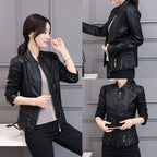 Korean-Style Slim Fit Motorcycle Leather Coat — Stand-Up Collar