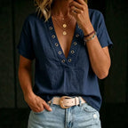 Women's V-Neck Short-Sleeve Loose-Fit Linen Shirt