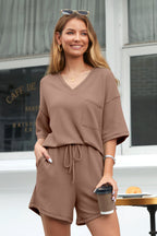 Rose Red Solid Color Waffled V Neck Loose Tee Drawstring Shorts Set