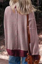 Black Stripe Ribbed Trim Drop Shoulder Long Sleeve Oversized Top