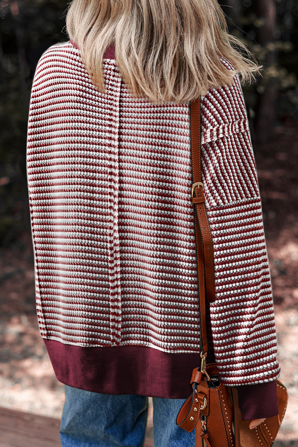 Black Stripe Ribbed Trim Drop Shoulder Long Sleeve Oversized Top