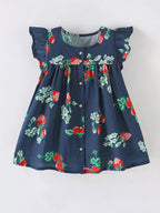 Children's Strawberry Print Ruffle Sleeve Button-Down Dress
