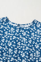 Blue Ditsy Floral Print Lantern Sleeve Blouse