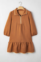 Jungle Green  Quarter Zip Collar Bracelet Sleeve Textured Mini Dress