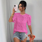 Women's Hollow-Out Lace Puff-Sleeve Shirt Top – Loose Fit