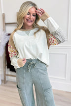 Light Grey Mixed Print Raglan Sleeve Patchwork Exposed Seam Pullover Top