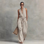 Lace-Up Sleeveless Straight-Leg Jumpsuit | Cotton-Blend
