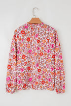 Pink Floral Print Tie Split Neck Bracelet Sleeve Blouse