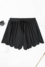Black Scallop Trim Drawstring Beach Shorts