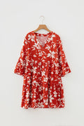 Blue Boho Floral Print Lettuce Trim 3/4 Sleeve Mini Dress