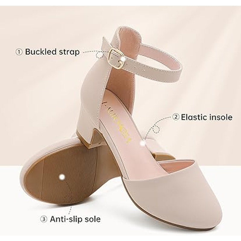 Laurmosa Big Girl Size 4 Pink Closed Toe 2" Chunky Heel Ankle Strap Sandal Shoes