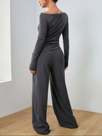 Casual Long Sleeve Top & Wide Leg Pants Set