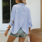 Women’s Striped V‑Neck Blouse with Ruffled Cuffs & Tie‑Back Slit