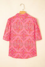 Rose Red Floral Print Wide Short Sleeve Loose Shirt