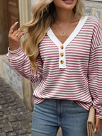 Striped Button Detail Long Sleeve T-Shirt