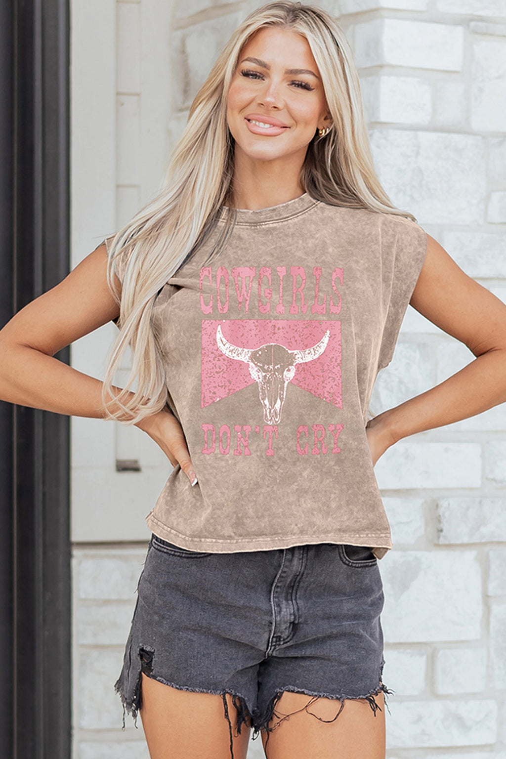 Smoke Gray Cowboy & Beer Western Graphic Mineral Wash Tank Top