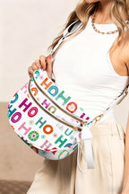 White HO HO HO Print Double Zip Crossbody Bag