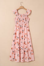 Pink Floral V Neck Smocked High Waist Ruffle Hem Long Dress