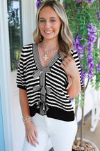 Green Stripe Short Sleeve Knit V Neck Bow Knot Sweater