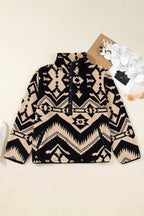 Black Plus Size Western Aztec Pattern Half Button Collared Plush Sweatshirt