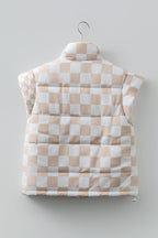 Khaki Contrast Plaid Quilted Button Zip Up Vest