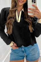 Black Scallop Trim Colorblock Long Sleeve Collared Top
